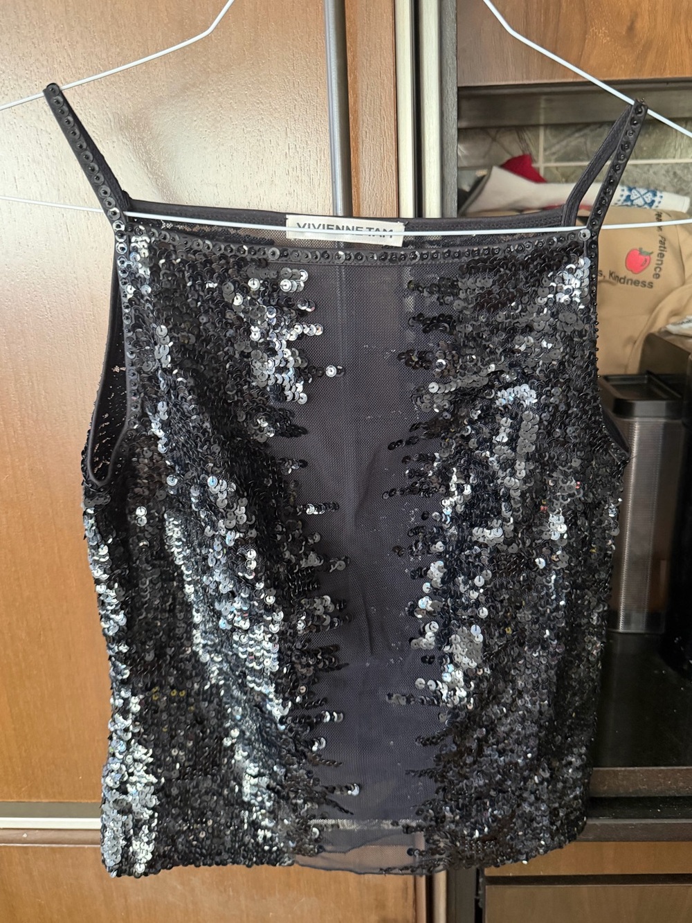 New Vivienne Tam Black Sequin Sheer Tank Spaghetti Straps Sz 1/US 2-6